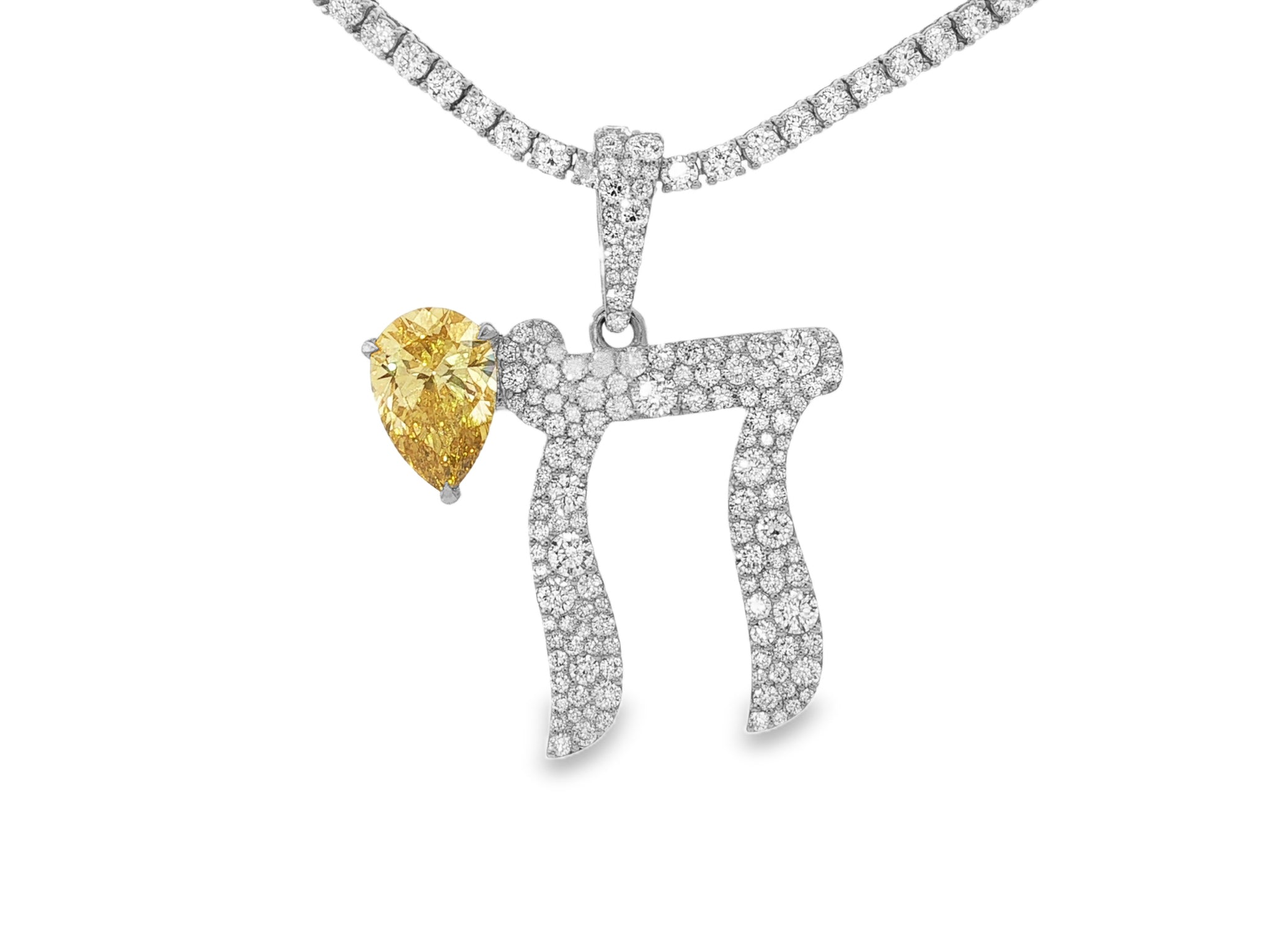 10k Hebrew Chai with Lux Pear-Shape Accent & Round-Cut Pavé 5.40ct