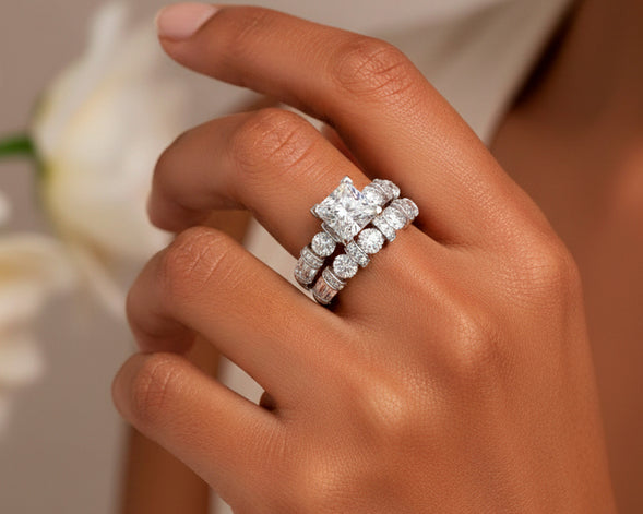 14K Gold Diamond Bridal Ring Set with Princess-Cut Center & Accent Bands 4.00ct