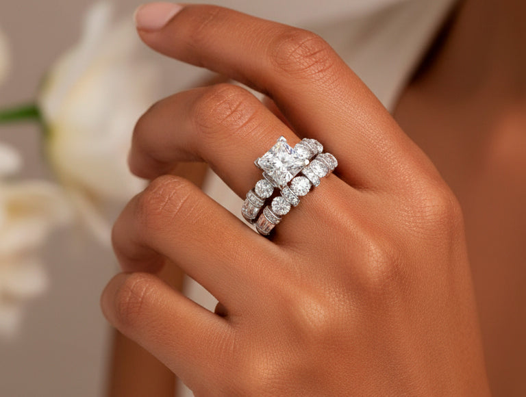 14K Gold Diamond Bridal Ring Set with Princess-Cut Center & Accent Bands 4.00ct