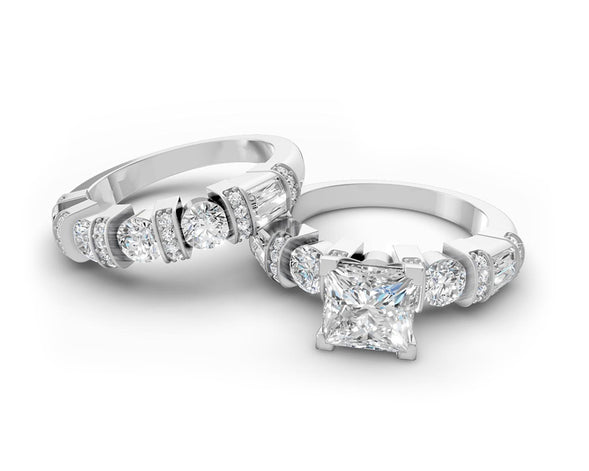 14K Gold Diamond Bridal Ring Set with Princess-Cut Center & Accent Bands 4.00ct