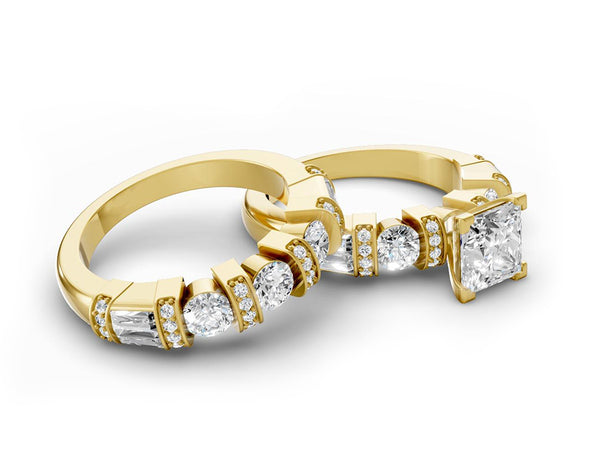 14K Gold Diamond Bridal Ring Set with Princess-Cut Center & Accent Bands 4.00ct