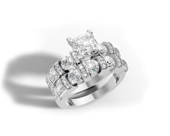 14K Gold Diamond Bridal Ring Set with Princess-Cut Center & Accent Bands 4.00ct