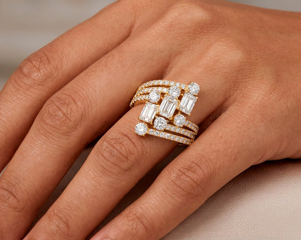 14K Gold Diamond Emerald & Round Multi Wrap Ring 2.65 CT