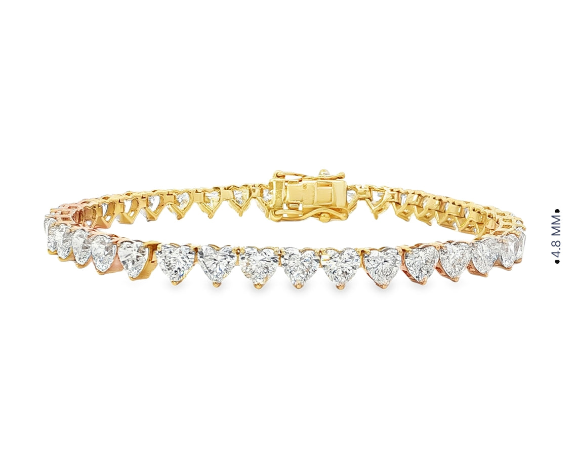 14K Gold Diamond Heart-Shape Tennis Bracelet with Continuous Design 12.33ct