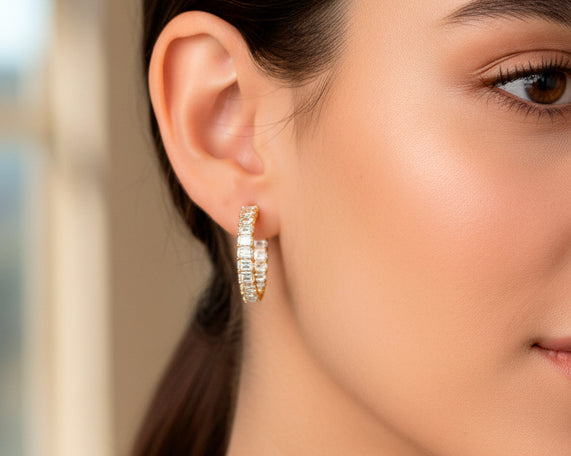 14K Gold Diamond Hoop Earrings with Emerald-Cut 5.86ct