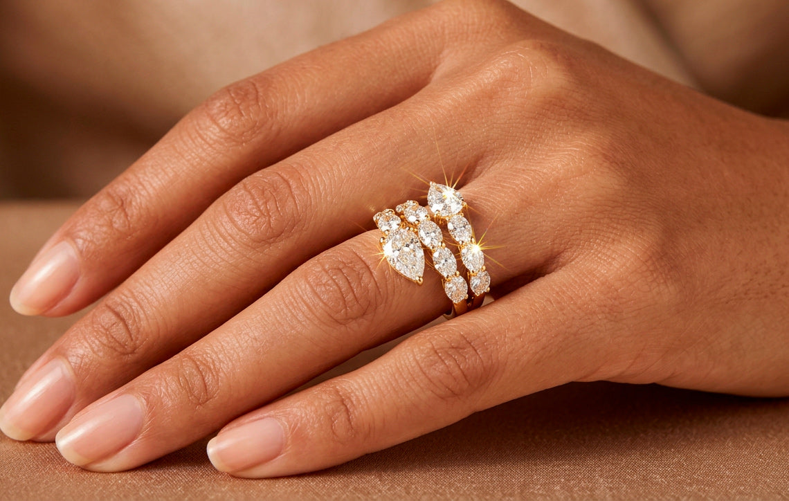 14K Gold Diamond Pear Cut Multi Wrap Ring 5.15 CT