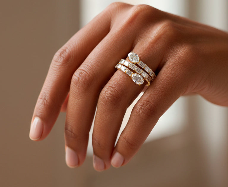 14K Gold Diamond Ring with Multi-Row Oval & Emerald-Cut 4.60ct