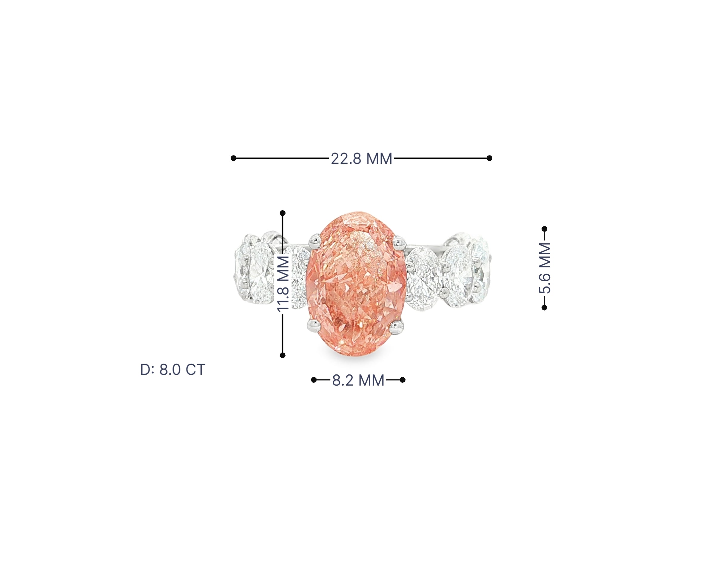 14K Gold Diamond Ring with Oval Pink Center Stone & Oval Side Diamonds Design 8.00ct