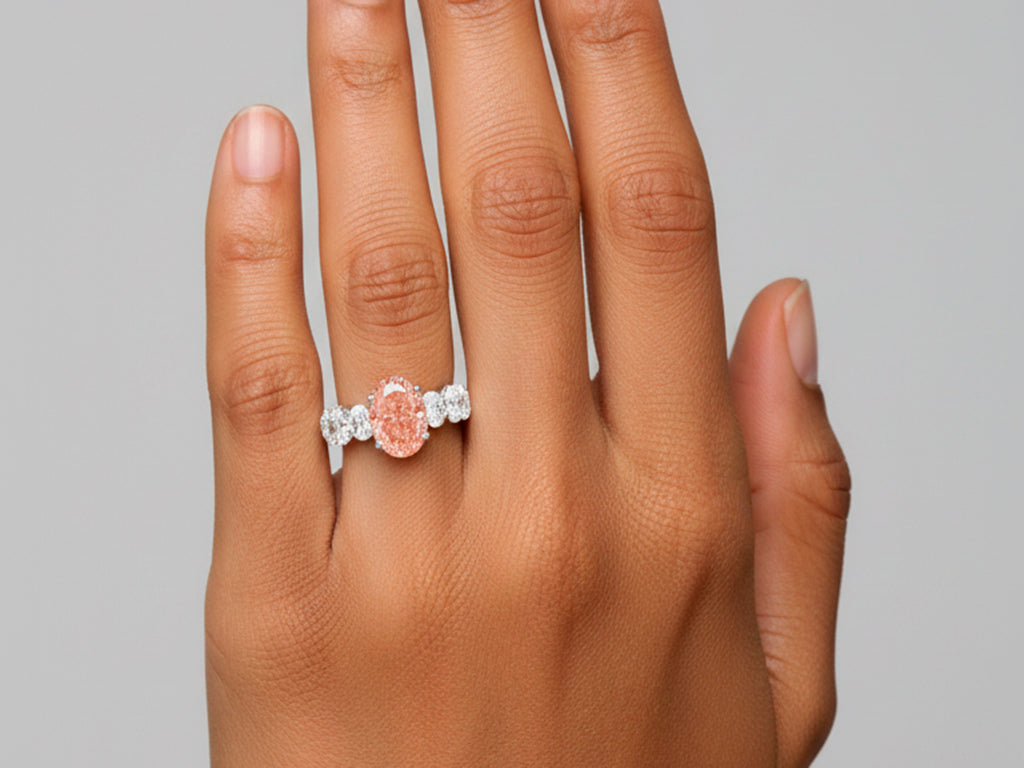 14K Gold Diamond Ring with Oval Pink Center Stone & Oval Side Diamonds Design 8.00ct