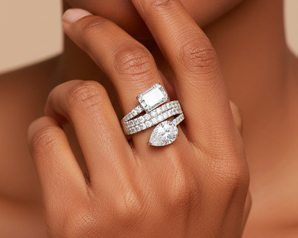 14K Gold Diamond Ring with Pear & Emerald-Cut Two-Stone Wrap Design 7.51ct