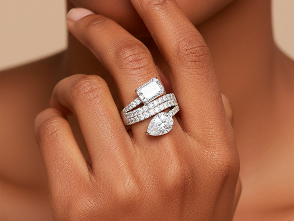 14K Gold Diamond Ring with Pear & Emerald-Cut Two-Stone Wrap Design 7.51ct