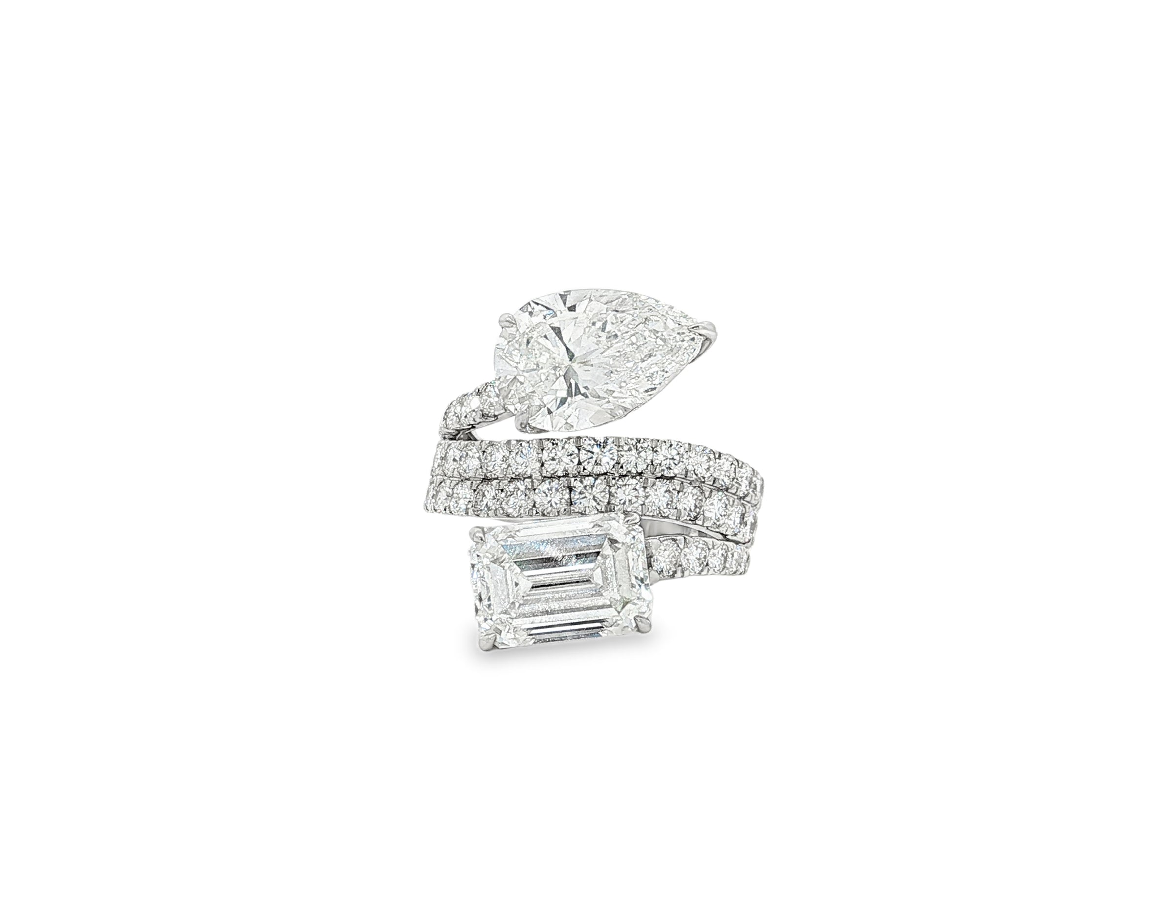 14K Gold Diamond Ring with Pear & Emerald-Cut Two-Stone Wrap Design 7.51ct