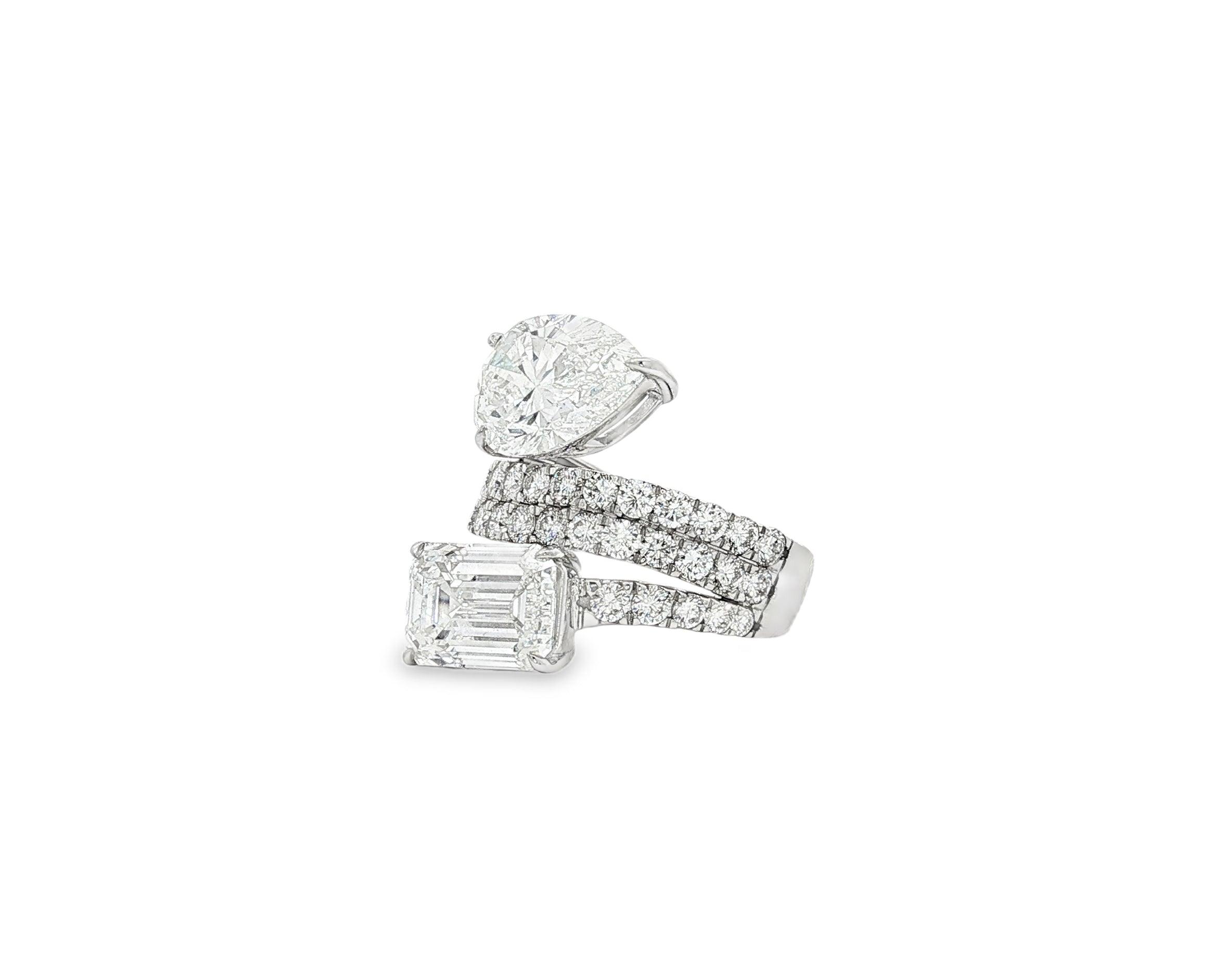 14K Gold Diamond Ring with Pear & Emerald-Cut Two-Stone Wrap Design 7.51ct