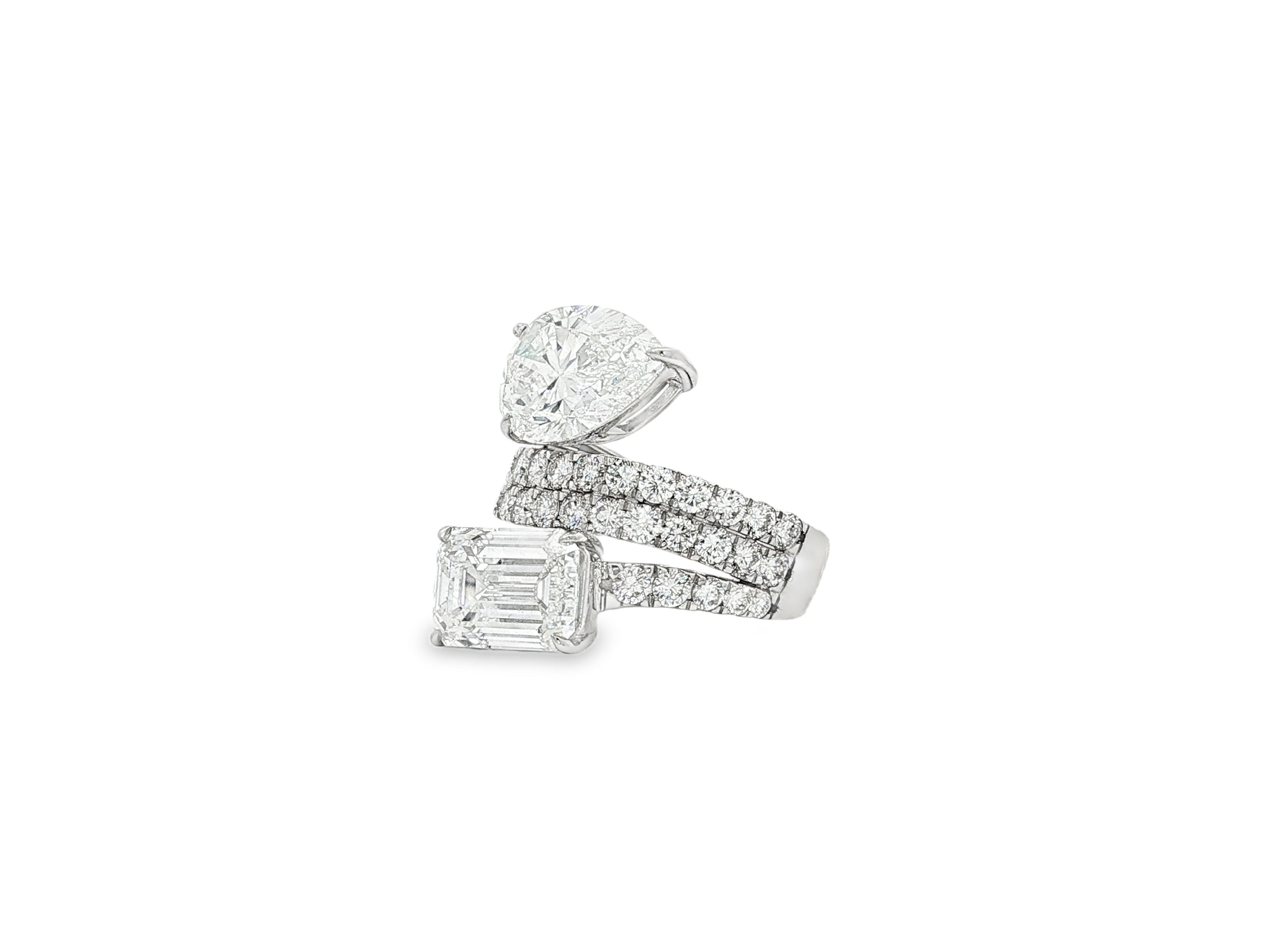 14K Gold Diamond Ring with Pear & Emerald-Cut Two-Stone Wrap Design 7.51ct