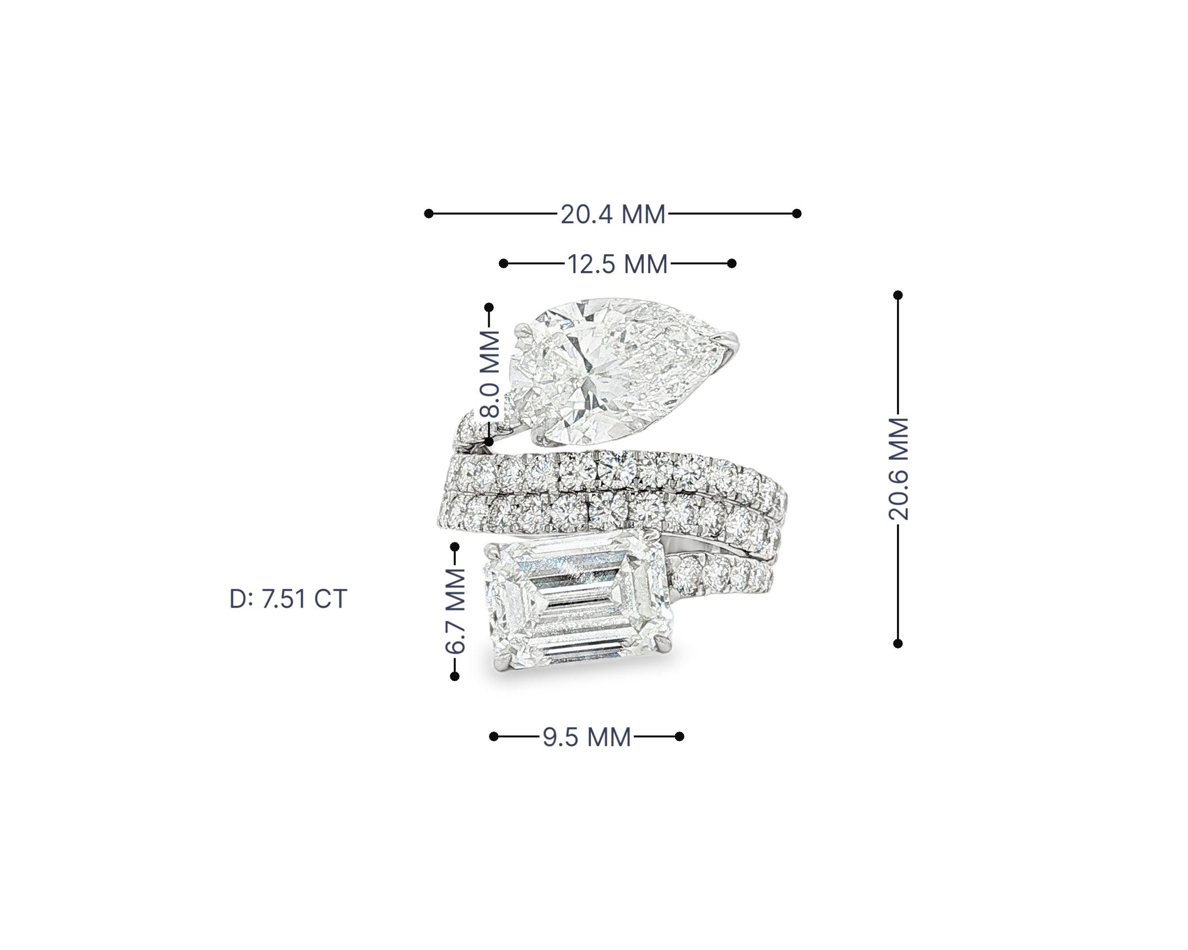 14K Gold Diamond Ring with Pear & Emerald-Cut Two-Stone Wrap Design 7.51ct