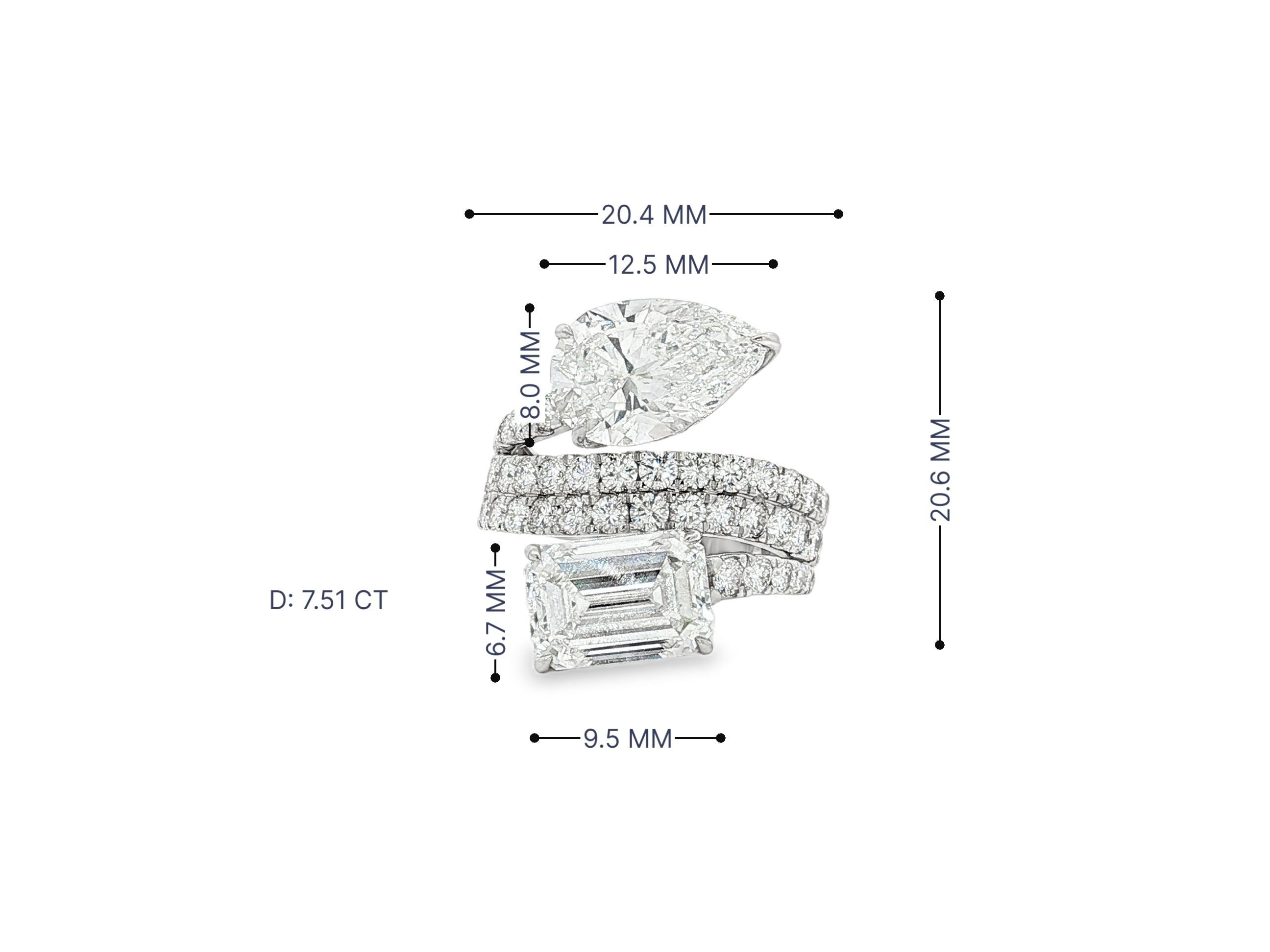14K Gold Diamond Ring with Pear & Emerald-Cut Two-Stone Wrap Design 7.51ct