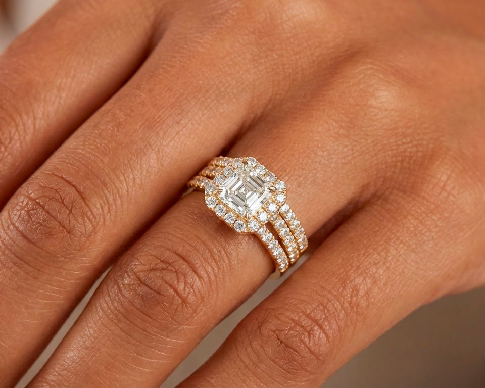 14k Emerald-Cut Halo Diamond Ring Set with Split Shank 2.75 CT