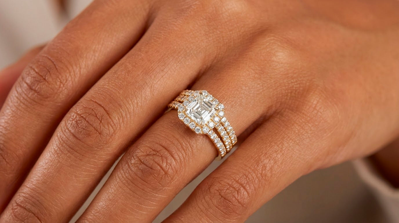 14k Emerald-Cut Halo Diamond Ring Set with Split Shank 2.75 CT