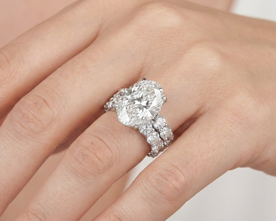 14k Gold Diamond Oval Double Row Band Engagement Ring Set 12.3ct