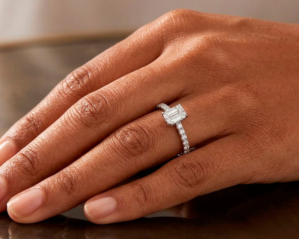 14k Gold Diamond Ring with Emerald-Cut Center and Pavé Band 0.90 CT