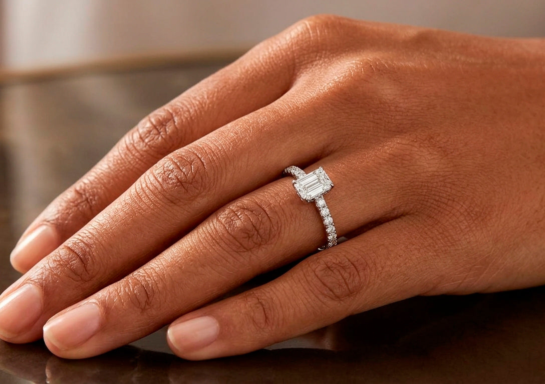 14k Gold Diamond Ring with Emerald-Cut Center and Pavé Band 0.90 CT