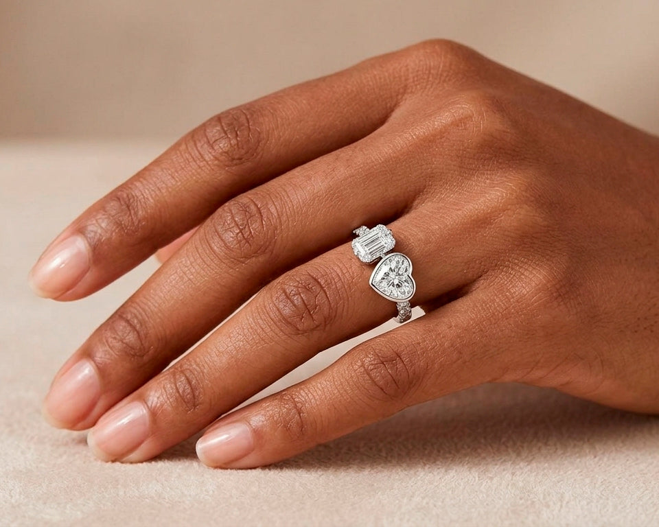 14k Gold Diamond Ring with Heart-Shaped & Emerald-Cut 3.0ct