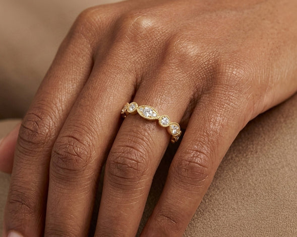 14k Diamond Marquise-Inspired Alternating Round Band Ring 0.78ct