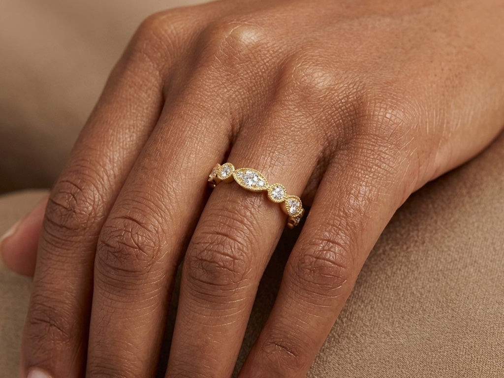 14k Diamond Marquise-Inspired Alternating Round Band Ring 0.78ct