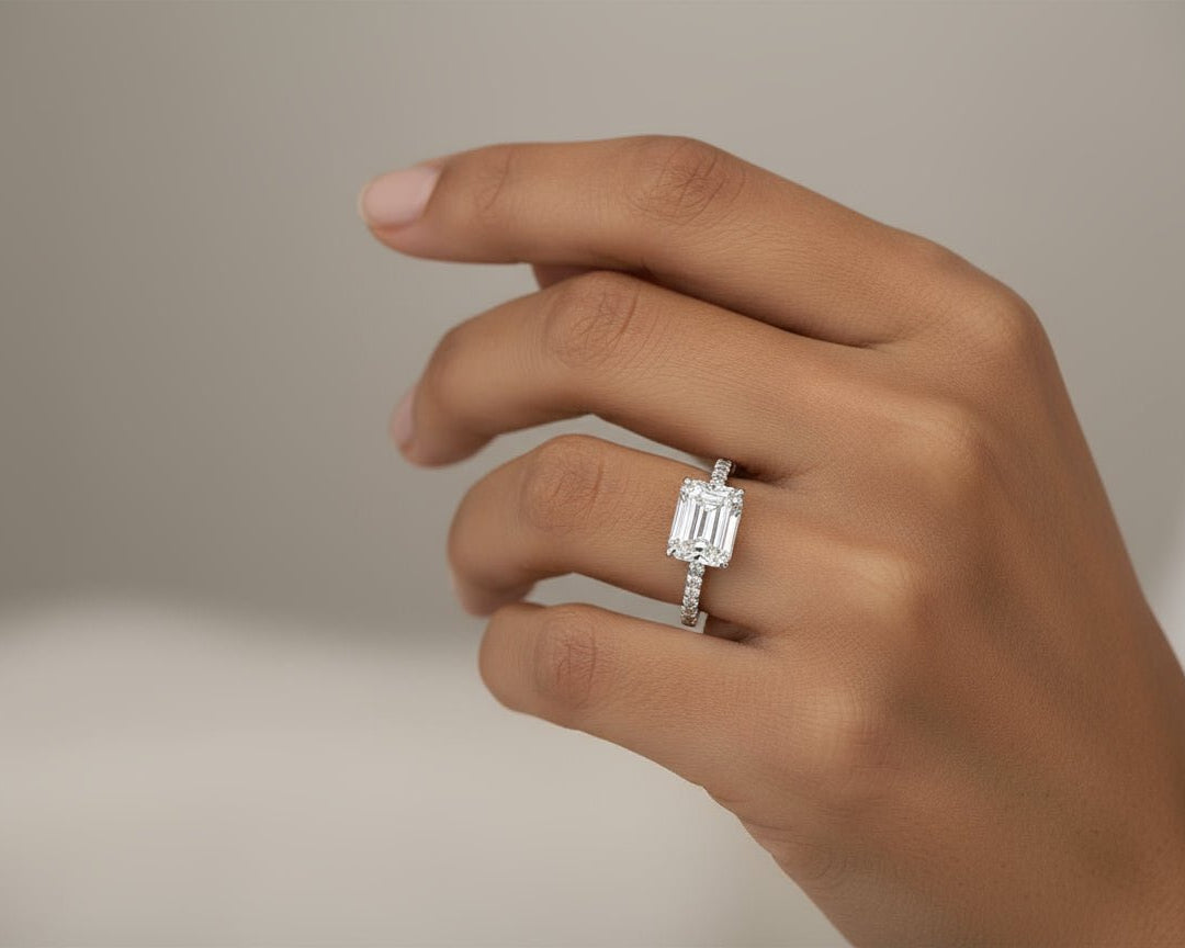 14k Emerald Cut East to West Petite Micropavé Engagement Ring 5.66 CT - AVI THE JEWELER