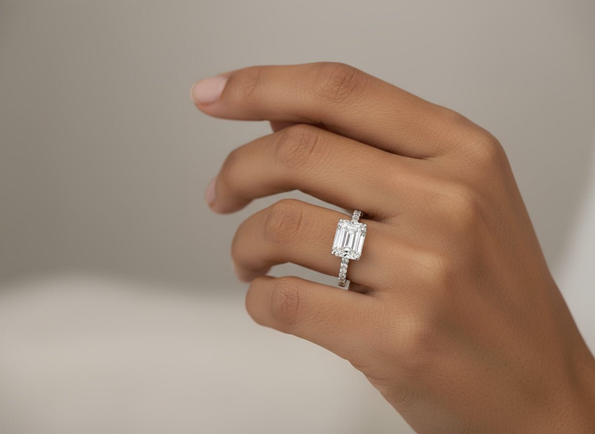 14k Emerald Cut East to West Petite Micropavé Engagement Ring 5.66 CT - AVI THE JEWELER