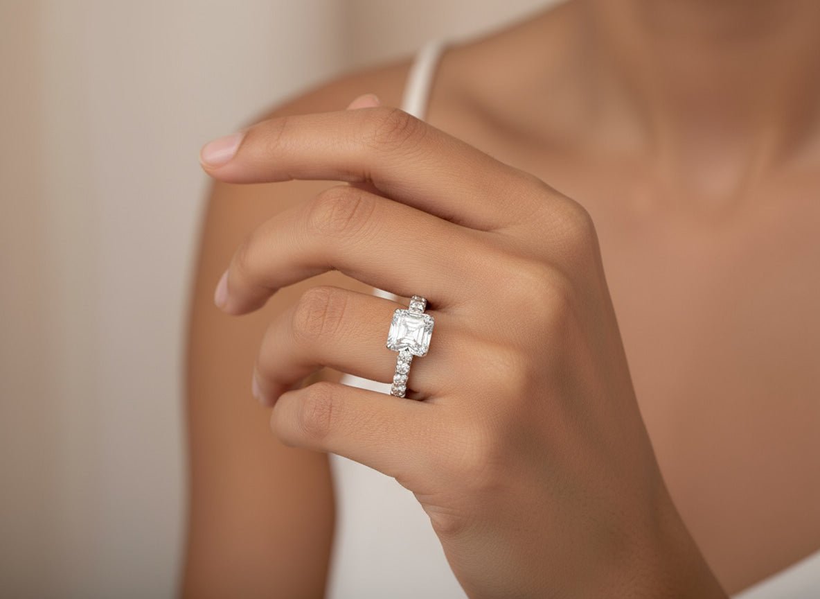 14k Emerald Cut Elevated Micropavé Diamond Band Engagement Ring 2.90ct - AVI THE JEWELER