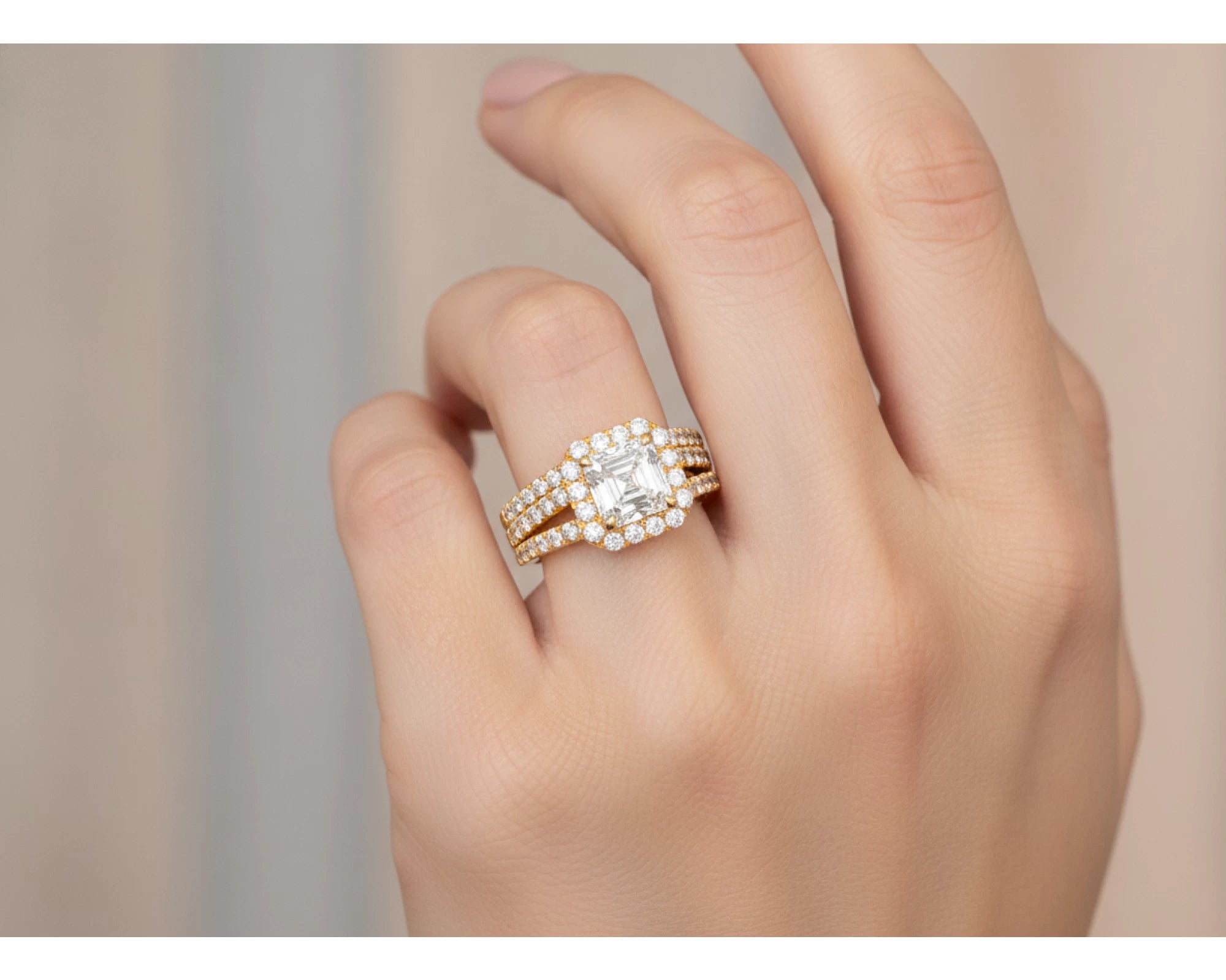 14k Emerald-Cut Halo Diamond Ring Set with Split Shank 2.75 CT – lifestyle 2175