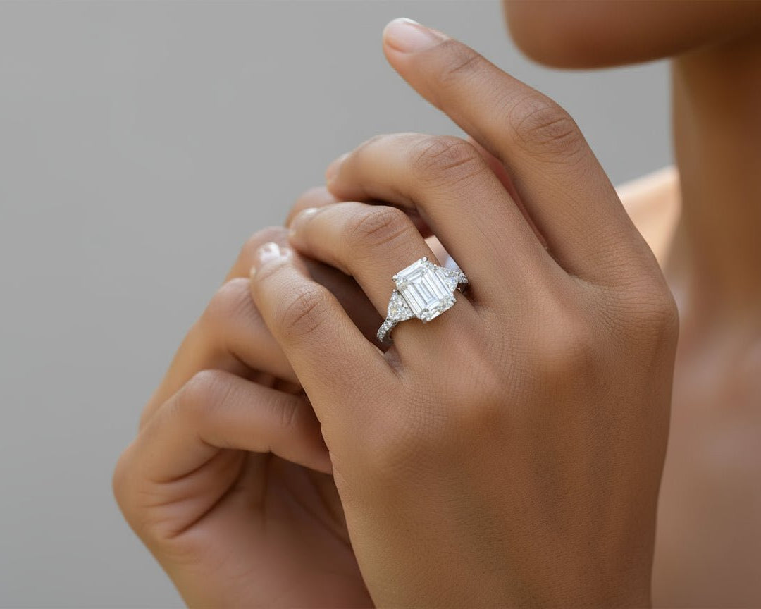 14k Emerald Cut Trillion Side - Stone Engagement Ring 5.12 CT - AVI THE JEWELER