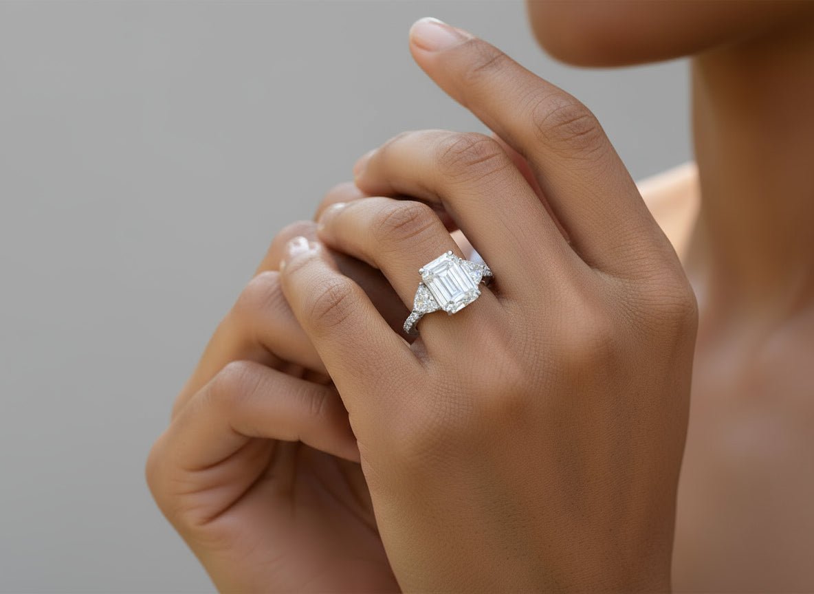 14k Emerald Cut Trillion Side - Stone Engagement Ring 5.12 CT - AVI THE JEWELER