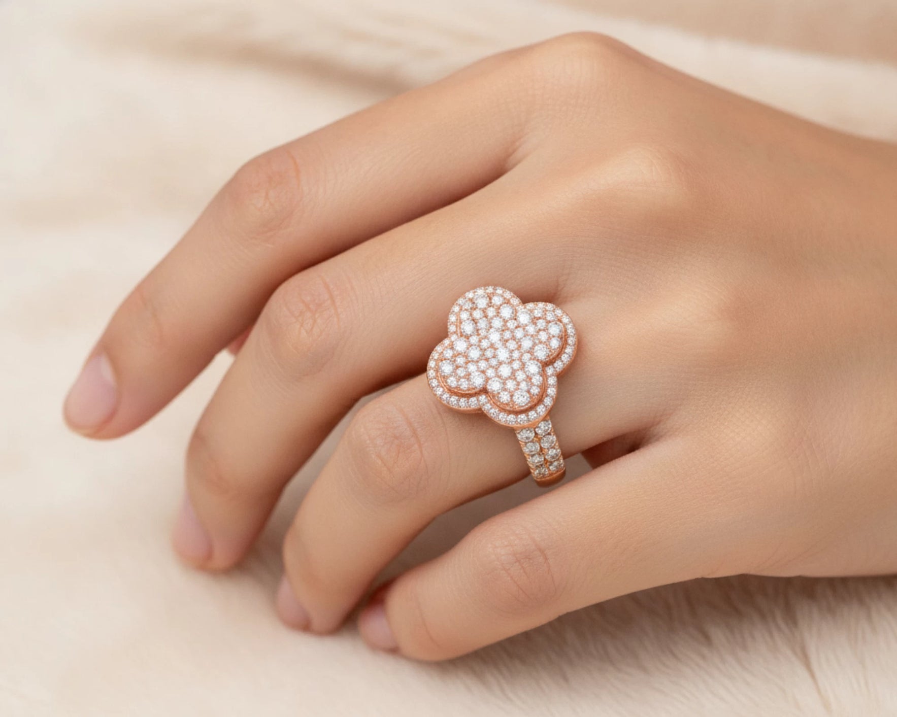 14k Gold Clover 3D Statement Ring with Round Diamonds 1.50ct – lifestyle 1435