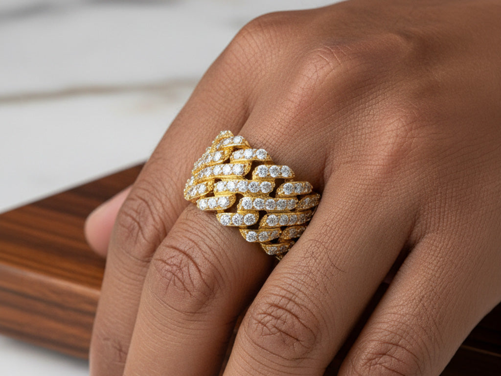 14k Gold Cuban Link Diamond Ring with Full Round Brilliant Cut 2.40ct