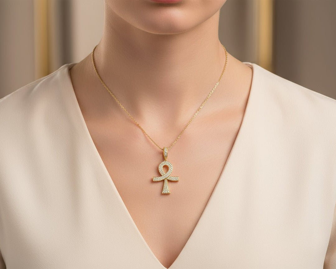 14k Gold Diamond Ankh Pendant with Round - Cut Accents 1.09ct - AVI THE JEWELER