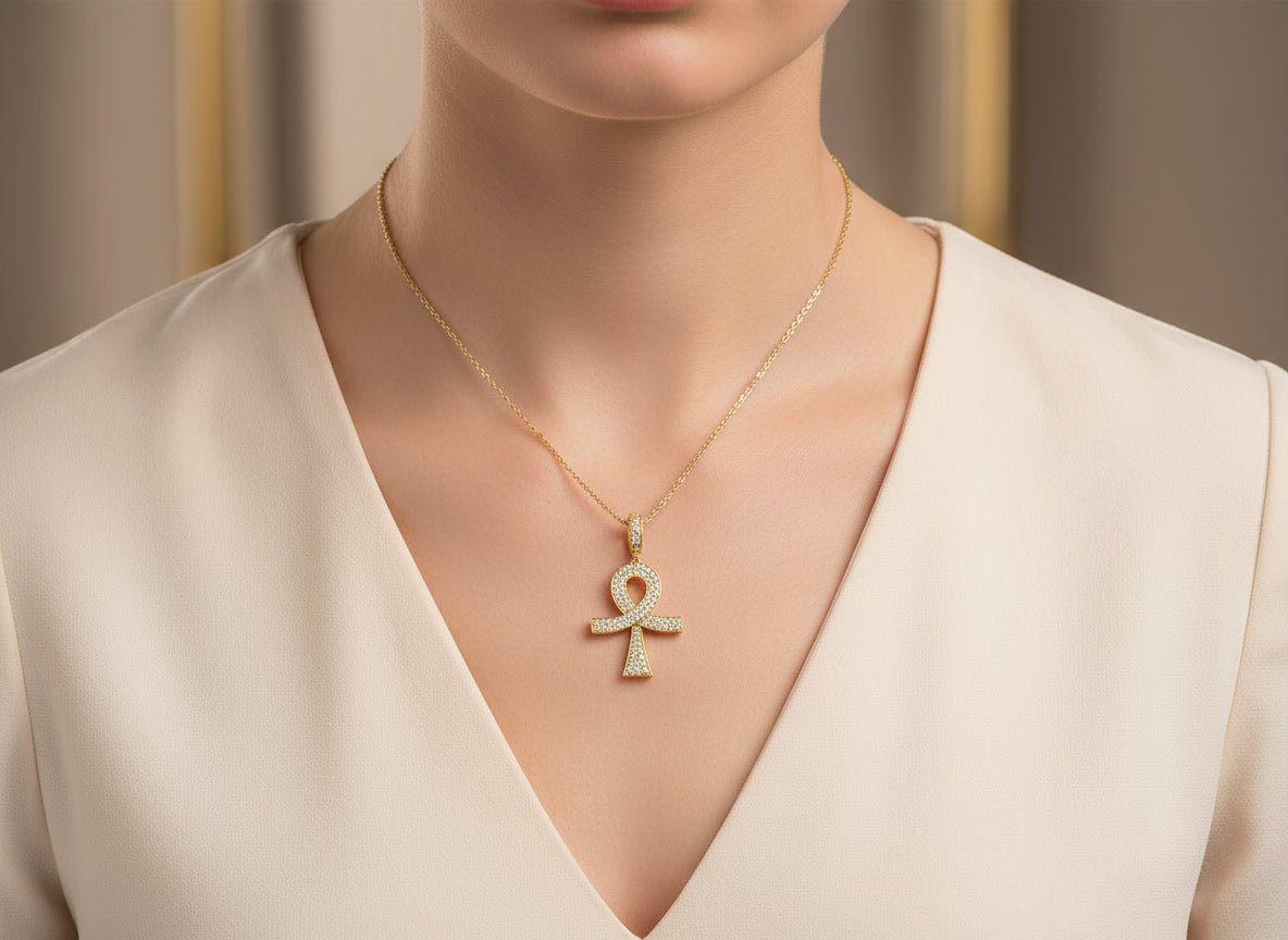 14k Gold Diamond Ankh Pendant with Round - Cut Accents 1.09ct - AVI THE JEWELER