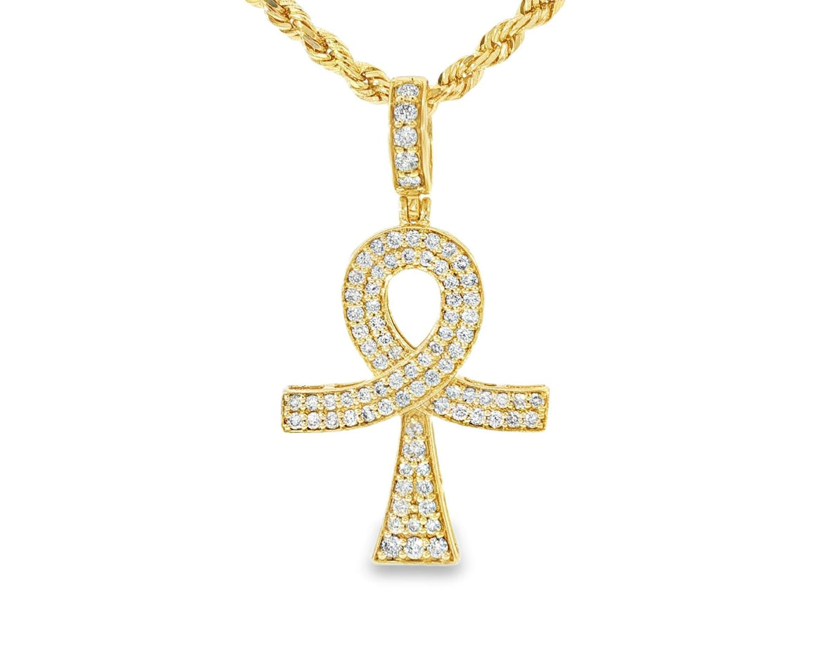 14k Gold Diamond Ankh Pendant with Round - Cut Accents 1.09ct - AVI THE JEWELER