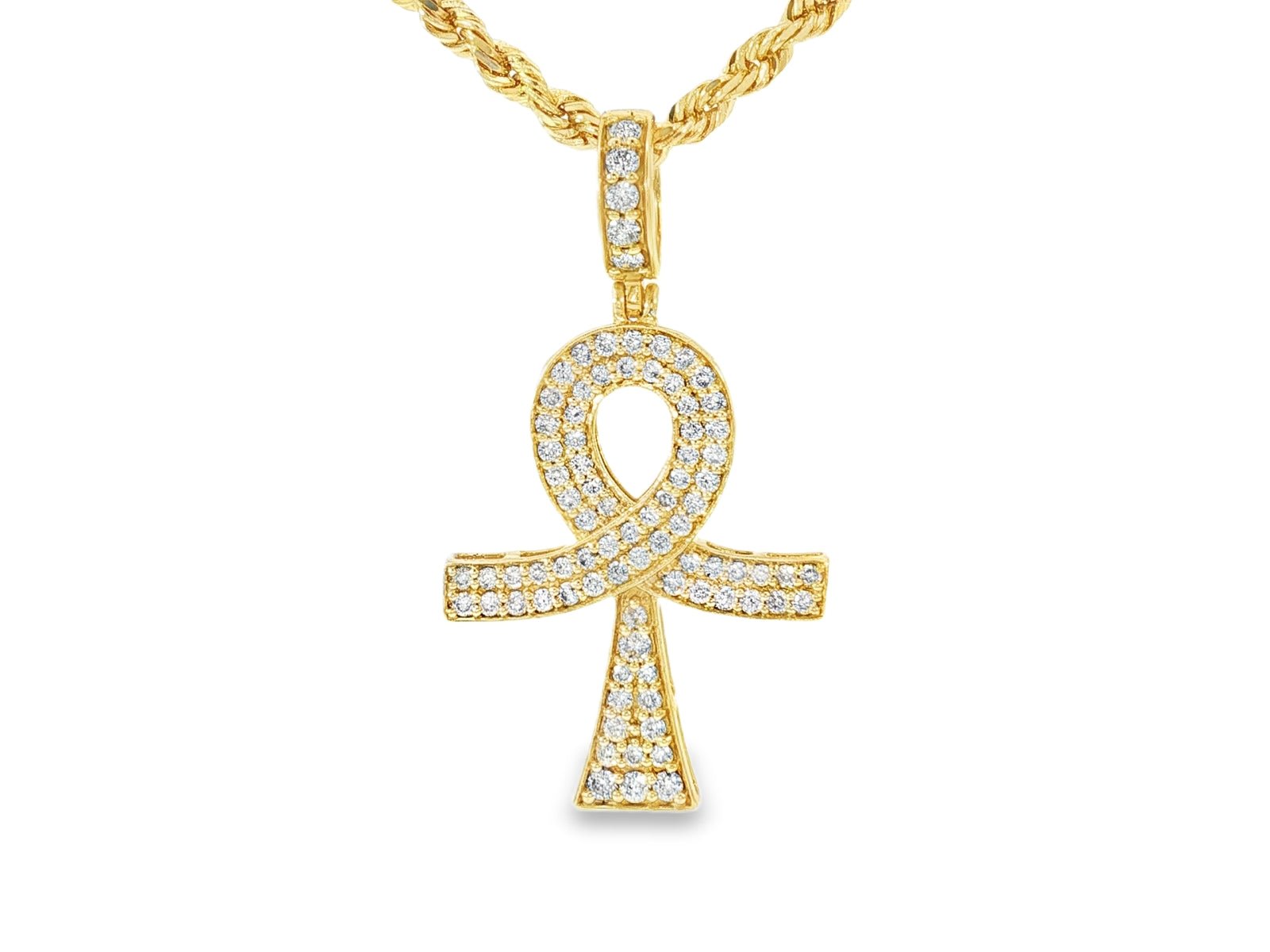 14k Gold Diamond Ankh Pendant with Round - Cut Accents 1.09ct - AVI THE JEWELER