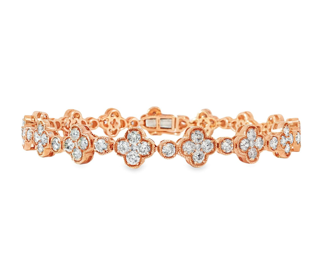 14k Gold Diamond Bracelet with Clover Round - Cut Cluster Design 4.55ct - AVI THE JEWELER