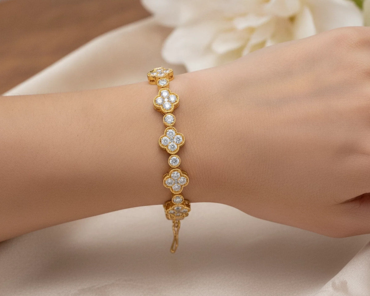 14k Gold Diamond Bracelet with Clover Round-Cut Cluster Design 4.55ct – lifestyle 4857