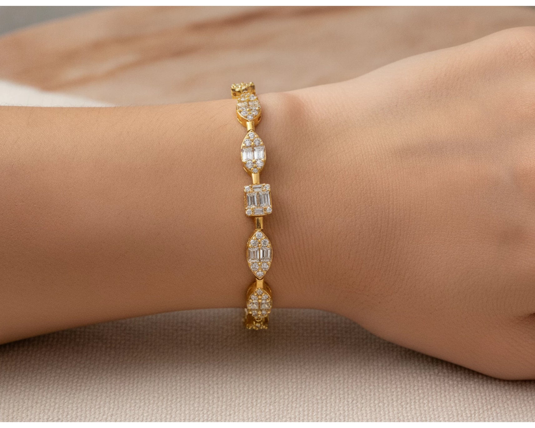 14k Gold Diamond Bracelet with Emerald-Cut & Round Design 5ct – lifestyle 4441
