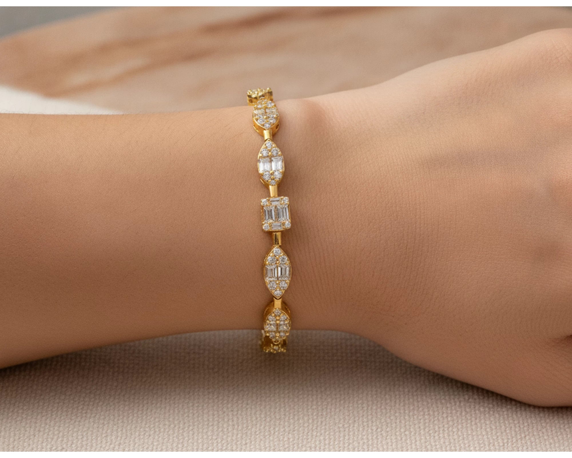 14k Gold Diamond Bracelet with Emerald-Cut & Round Design 5ct – lifestyle 4441