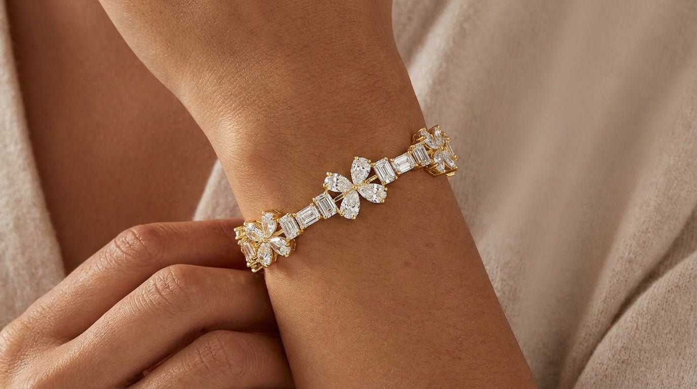 14k Gold Diamond Bracelet with Floral & Emerald - Cut Accents 15.6ct - AVI THE JEWELER