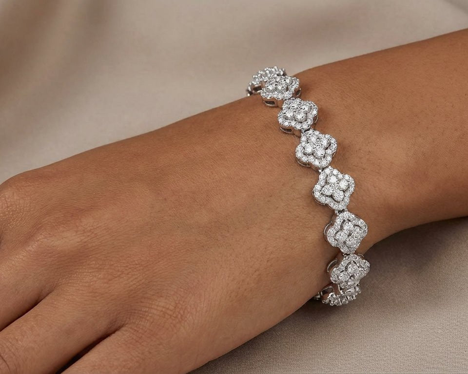 14k Gold Diamond Bracelet with Floral Round - Cut Cluster Design 3.76ct - AVI THE JEWELER