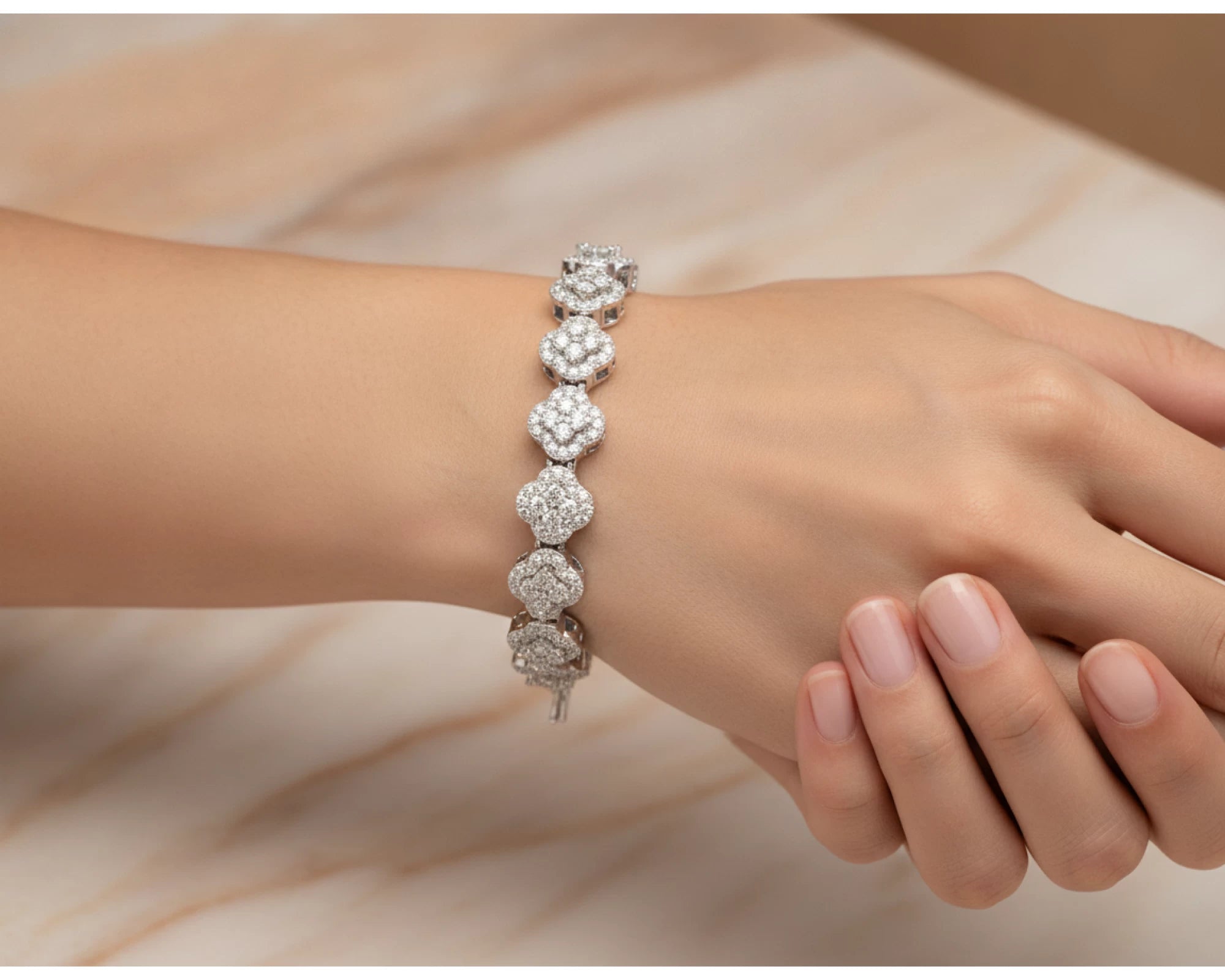14k Gold Diamond Bracelet with Floral Round-Cut Cluster Design 3.76ct – lifestyle 4445
