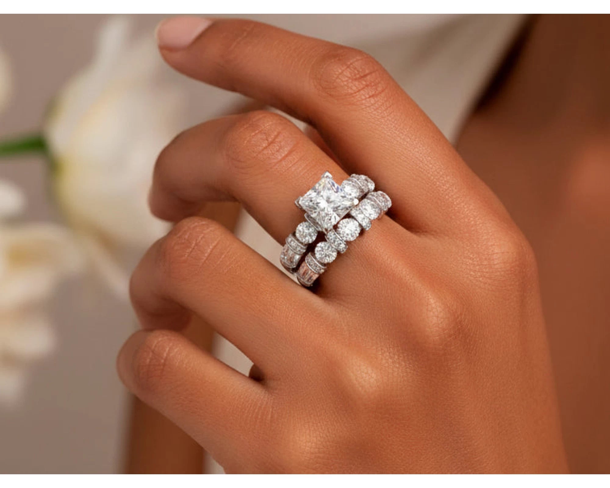 14K Gold Diamond Bridal Ring Set with Princess-Cut Center & Accent Bands 4.00ct – view 2