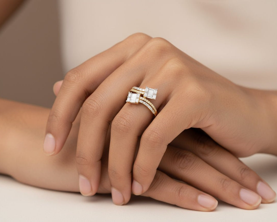 14k Gold Diamond Bypass Ring with Dual Emerald - Cut 0.85ct - AVI THE JEWELER