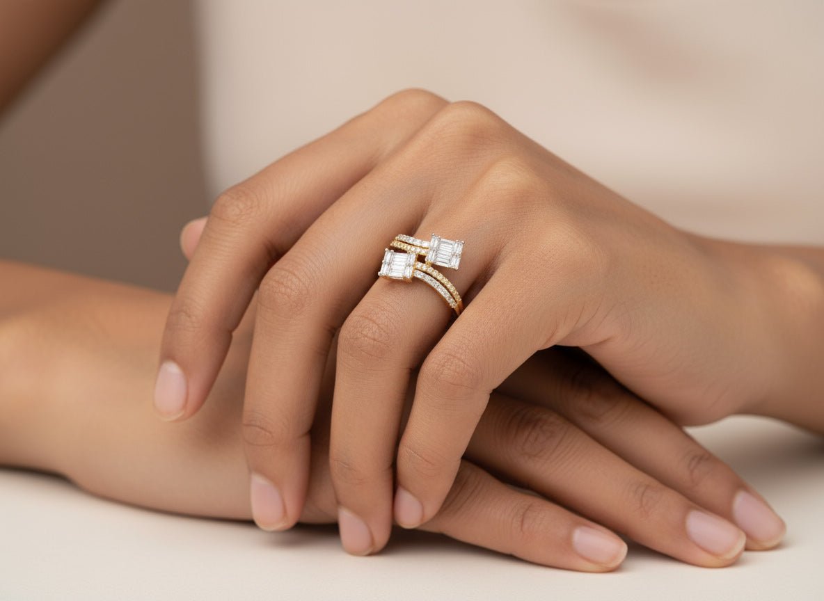 14k Gold Diamond Bypass Ring with Dual Emerald - Cut 0.85ct - AVI THE JEWELER